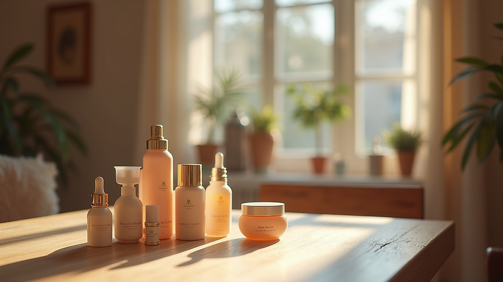 Eye-level view of a small home shopping party setup with products on display