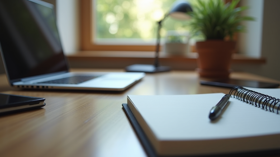 Eye-level view of a laptop and notebook on a tidy desk