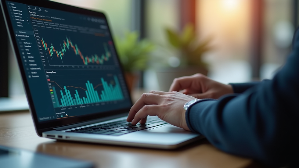 Close-up view of a person working on a laptop with financial charts on screen