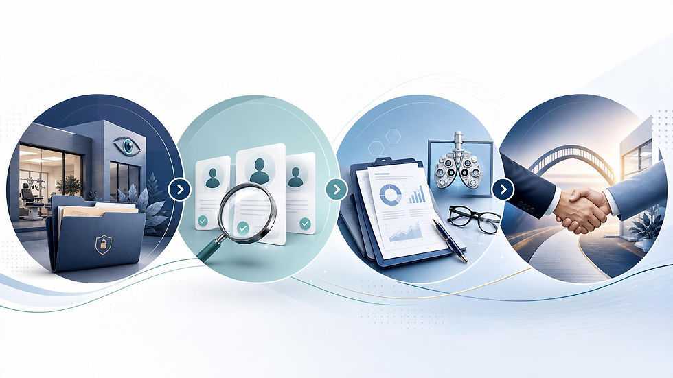Illustration of private equity optometry practice buyer criteria including financial strength, optical revenue, provider continuity, and growth potential