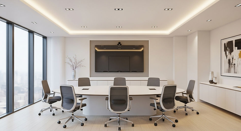 Eye-level view of an office environment with empty chairs around a round table