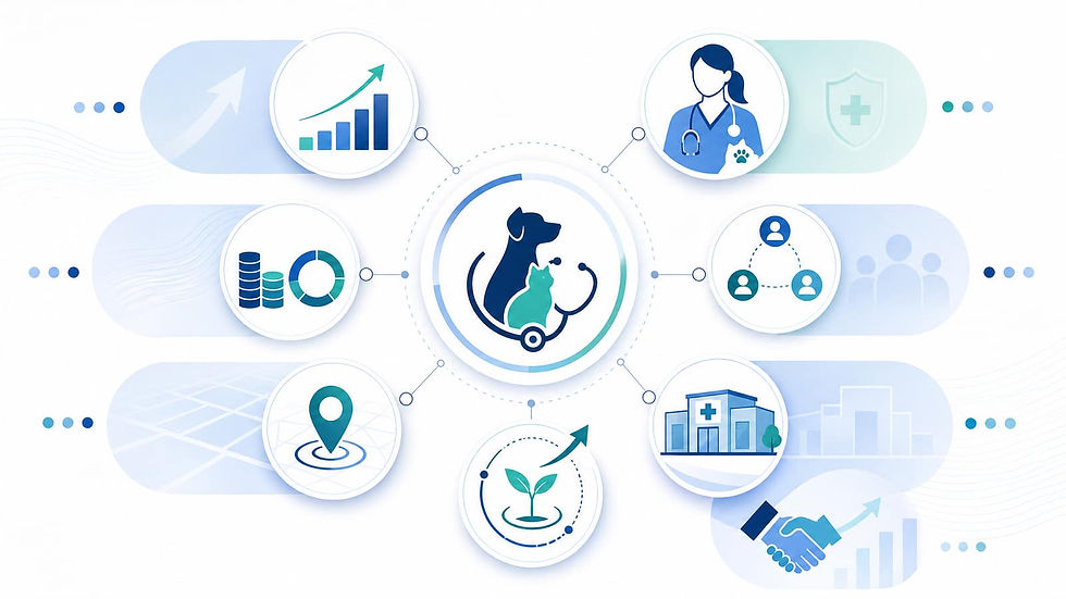 Illustration of veterinary practice valuation drivers including EBITDA, doctor coverage, staff retention, location, growth, and buyer demand