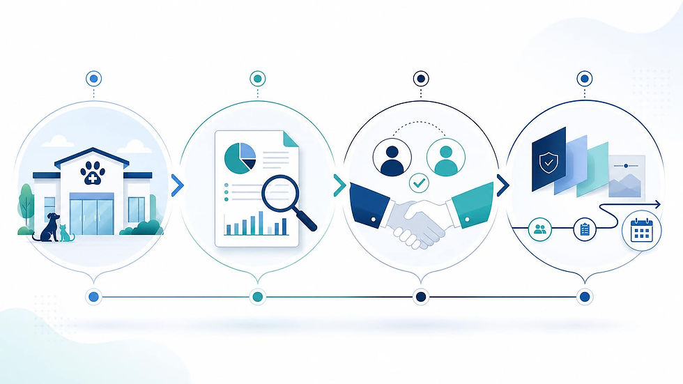 Veterinary practice valuation process from financial review through buyer fit, offer structure, and transition planning