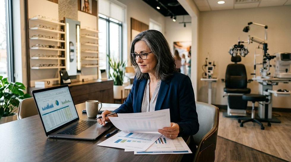 Optometry practice owner reviewing valuation documents and financial performance before a potential practice sale
