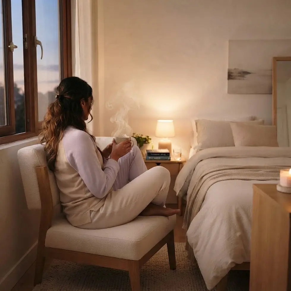 Bedroom photography of a woman sitting in a chair, holding a steaming mug of a warm drink. Cozy and comforting ambiance is depicted.