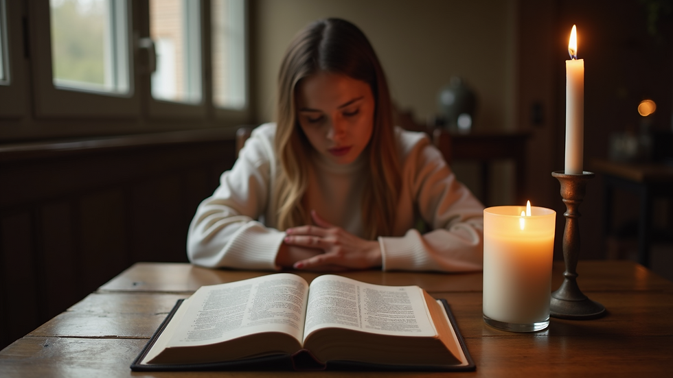 Eye-level view of a woman sitting quietly with a Bible and candle on a wooden table