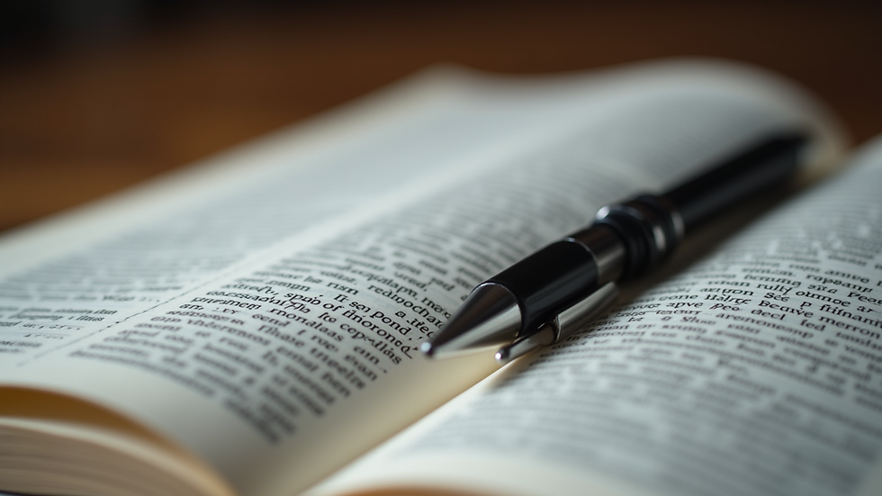 Close-up view of an open Bible with a pen resting on the page