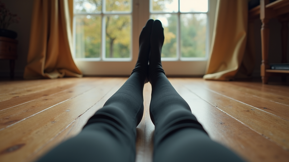 Eye-level view of a single pair of leggings laid out on a wooden floor