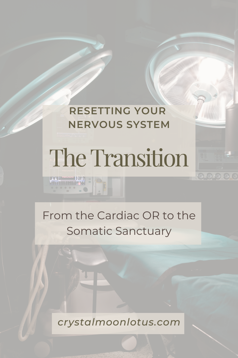A graphic title image with a background photograph of a dim operating room, featuring surgical lights and medical equipment. Centered text reads: 'RESETTING YOUR NERVOUS SYSTEM' (in small caps). Below it is the title: 'The Transition' (in a large serif font). A text box contains the subtitle: 'From the Cardiac OR to the Somatic Sanctuary'. The footer text at the bottom says: 'crystalmoonlotus.com'.