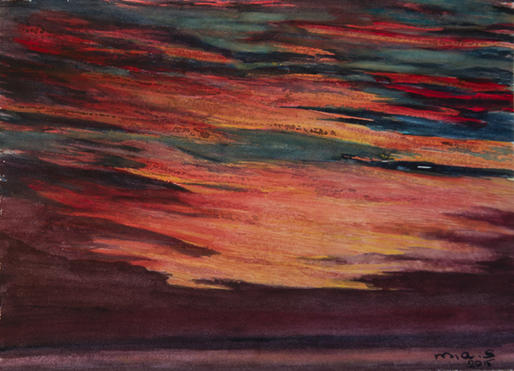 Art Watercolor Landscape Sky Clouds Sunrise Dark Red Yellow Navy Blue Plum Turquoise