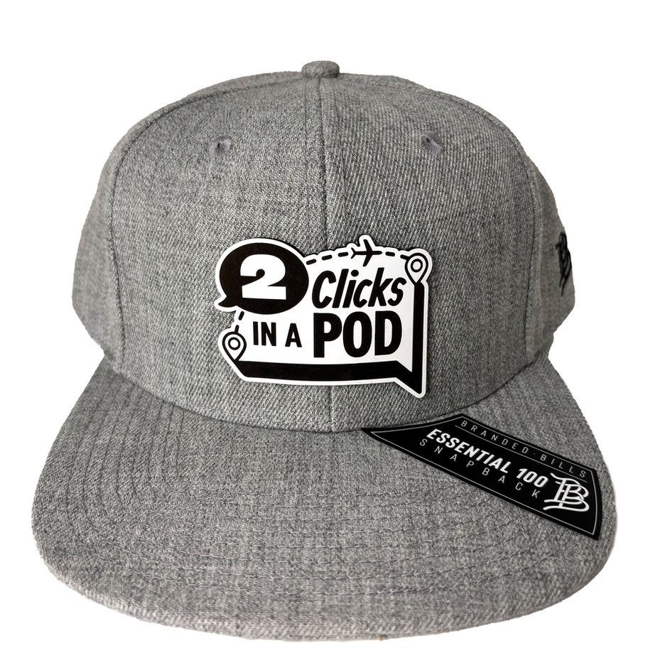 Front view of heather grey classic snapback hat with 2 Clicks in a POD logo