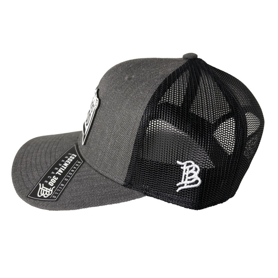 Side view of charcoal curved trucker hat with 2 Clicks in a Pod logo