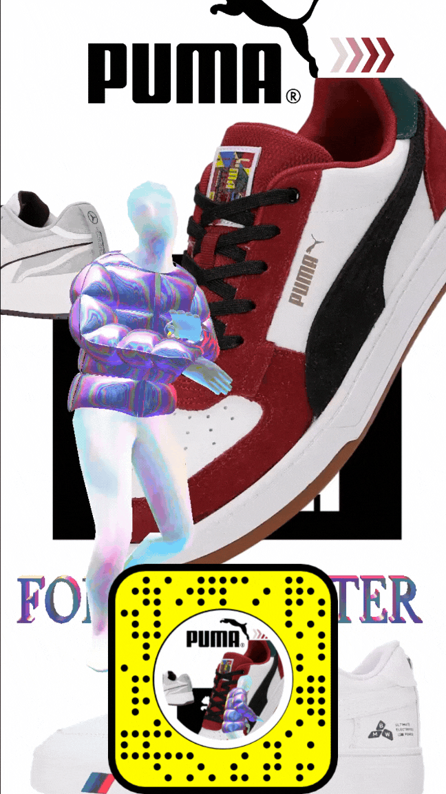 Puma Snap Lens - Unleash your style with this AR experience. Over 69,364 views and 296 shares. Featuring iconic Puma designs. Snapchat AR development for brand promotion.