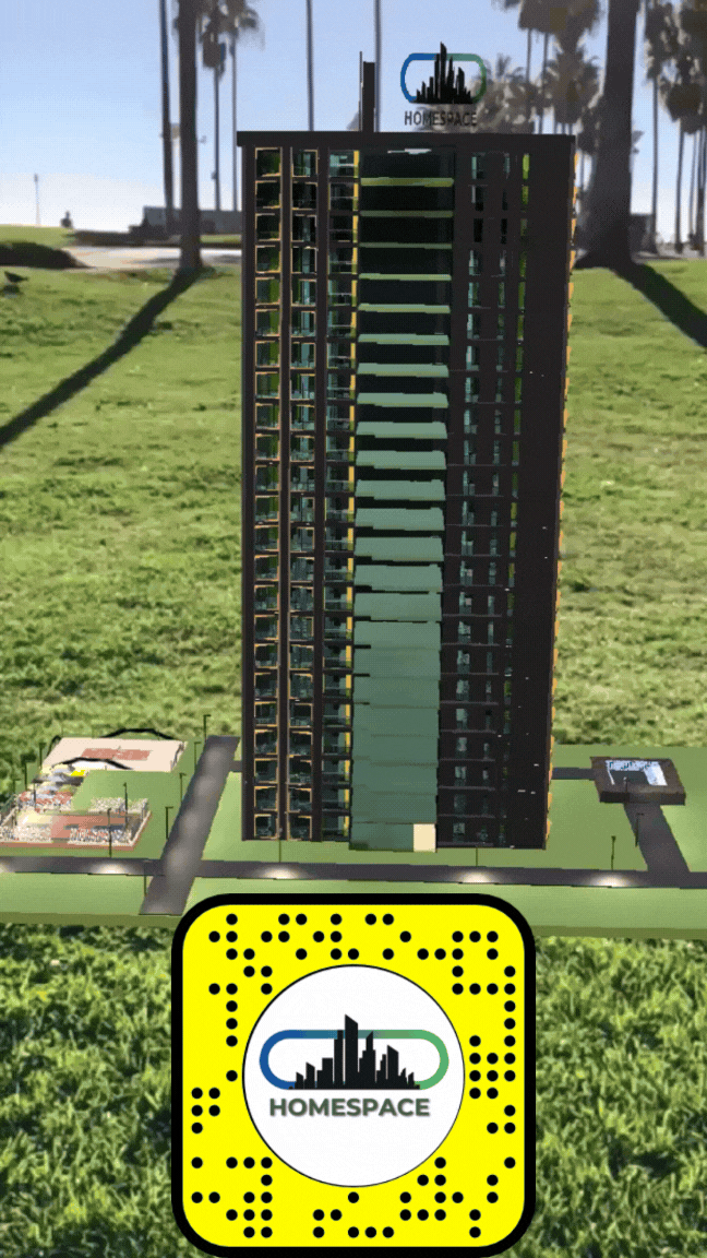 HomeSpace Snap Lens - AR experience for visualizing entire building projects in augmented reality. Over 52,263 views and 50,277 plays. Developed for a real estate prototype project. AR visualization and exploration. Snapchat AR development.