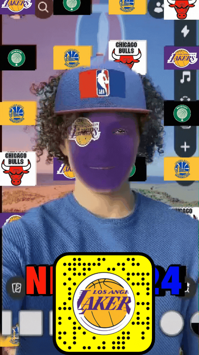 Los Angeles Lakers Snap Lens - AR experience with over 120.1k views, 112.4k plays, and 229 shares. Featuring team colors, logos, and interactive elements. Snapchat AR development.