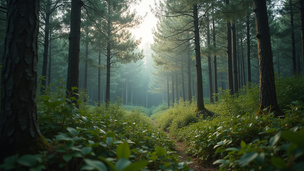 Wide angle view of a serene forest landscape
