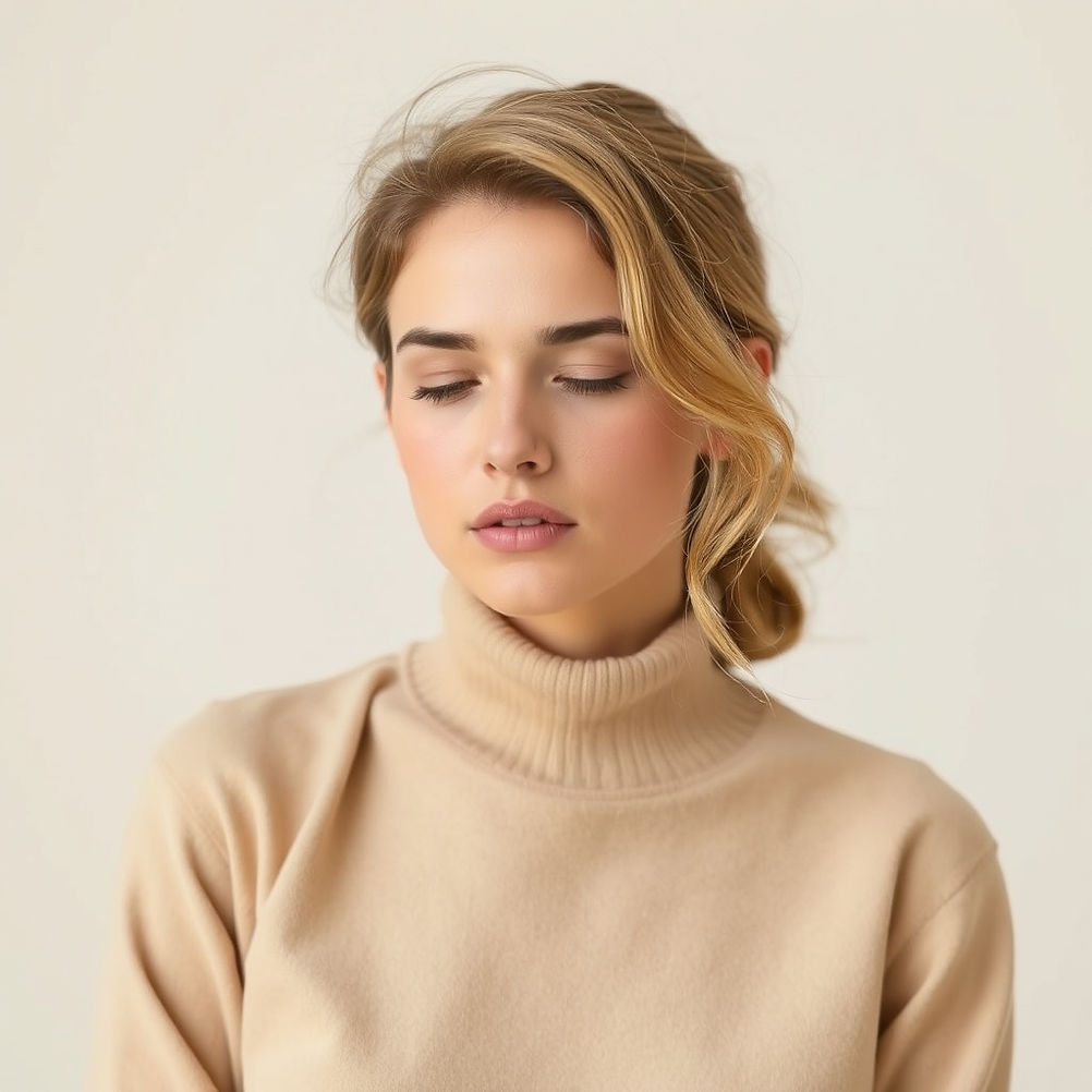 a woman going from stressed to calm, in beige, neutral tones.jpg