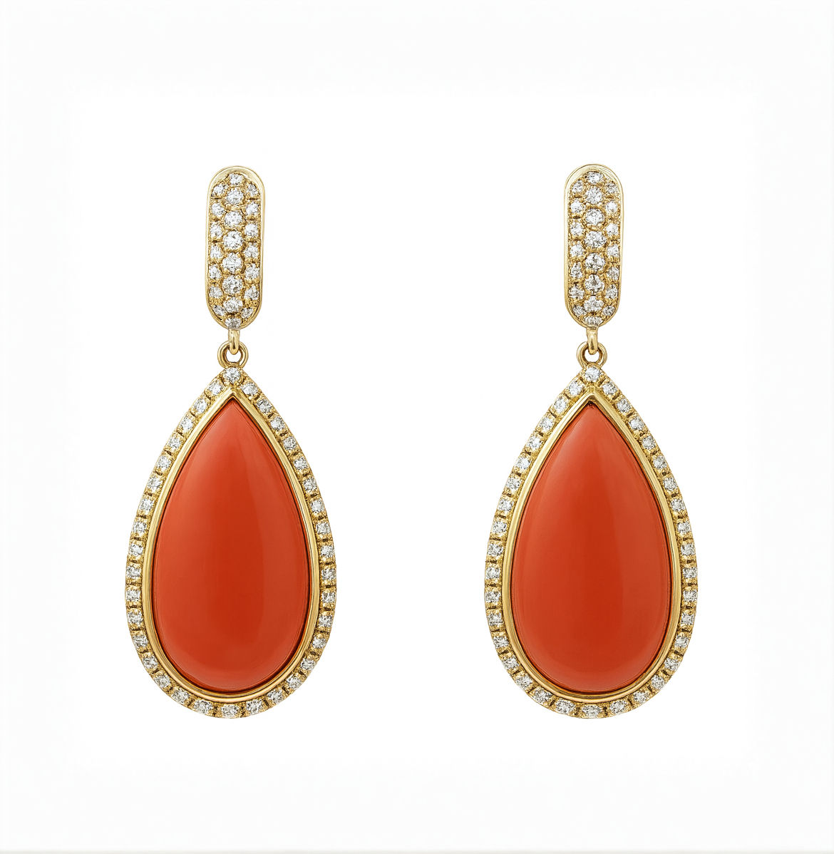 14K Yellow Gold Red Coral & Diamond Drop Earrings