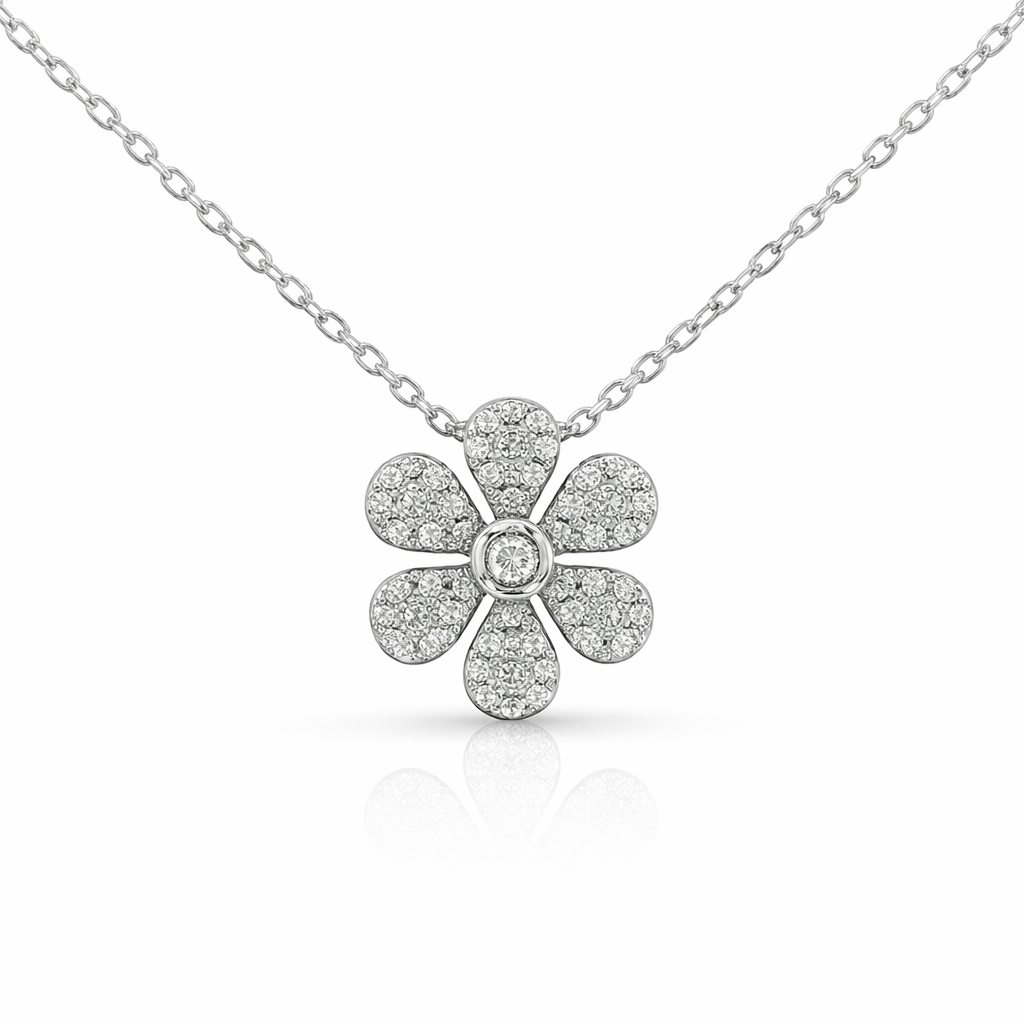 14K White Gold Natural Diamond Flower Necklace