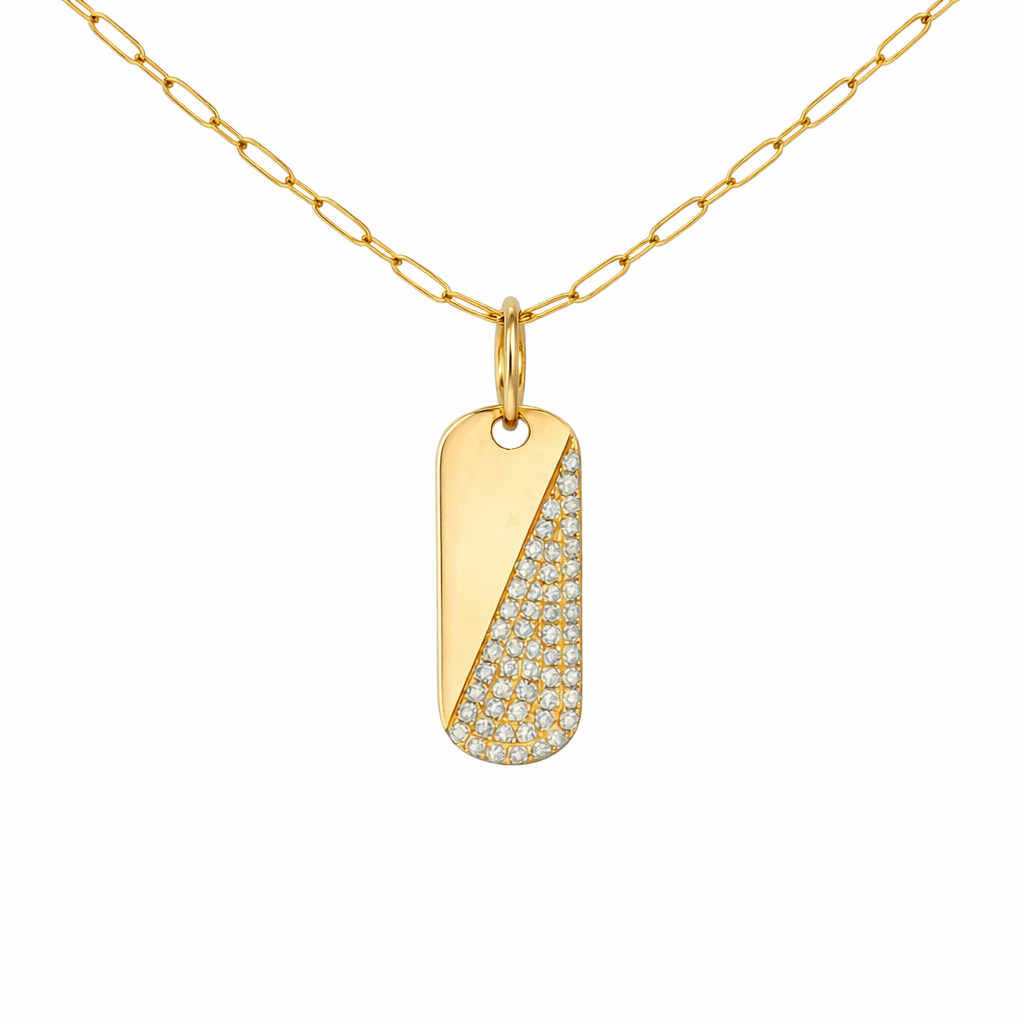 14K Yellow Gold Diamond Dog Tag Fashion Pendant With Paperclip Chain
