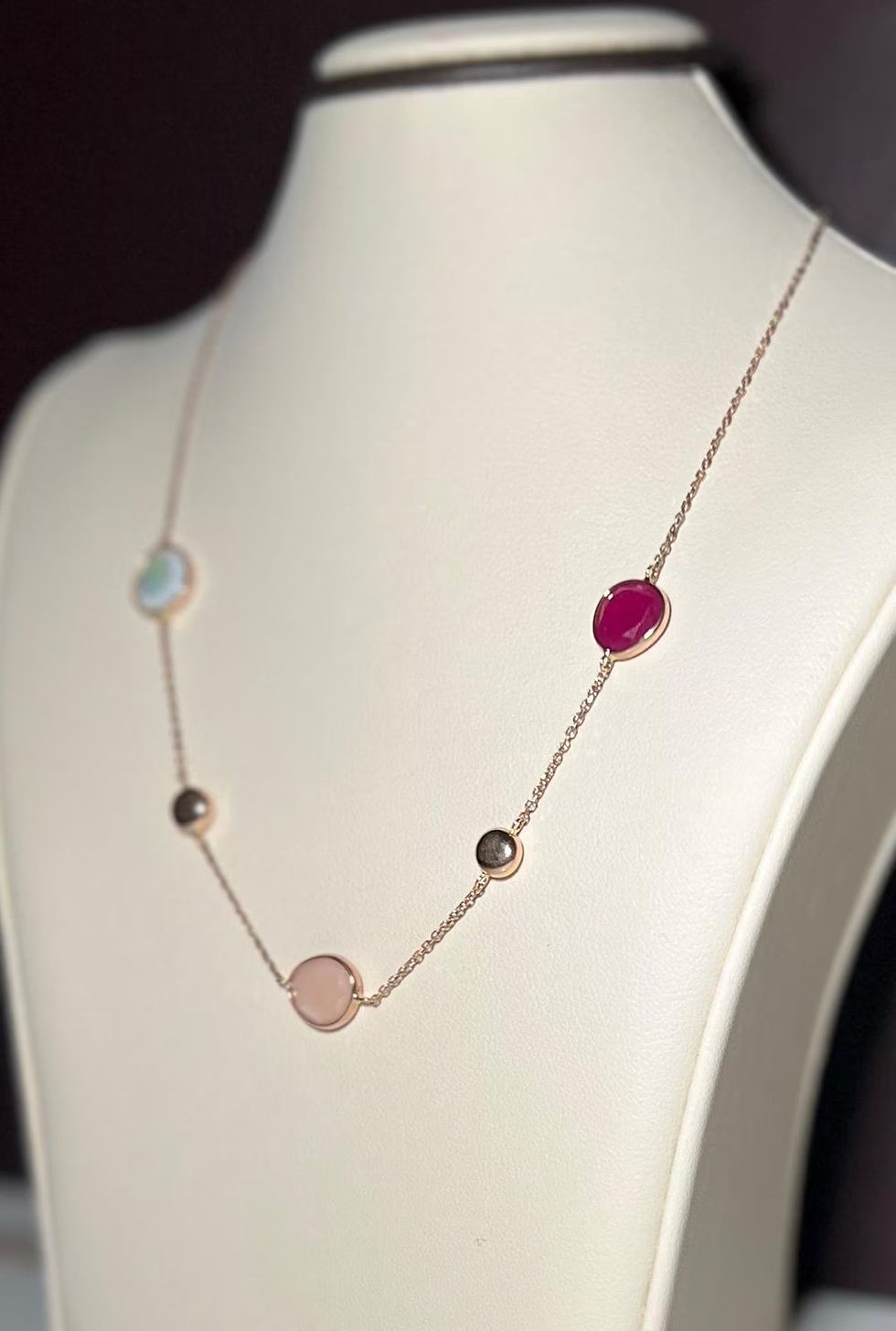 Thumbnail: 14K Pink Gold Natural Fuchsia, Mother of Pearl, and Peach Moonstone Necklace