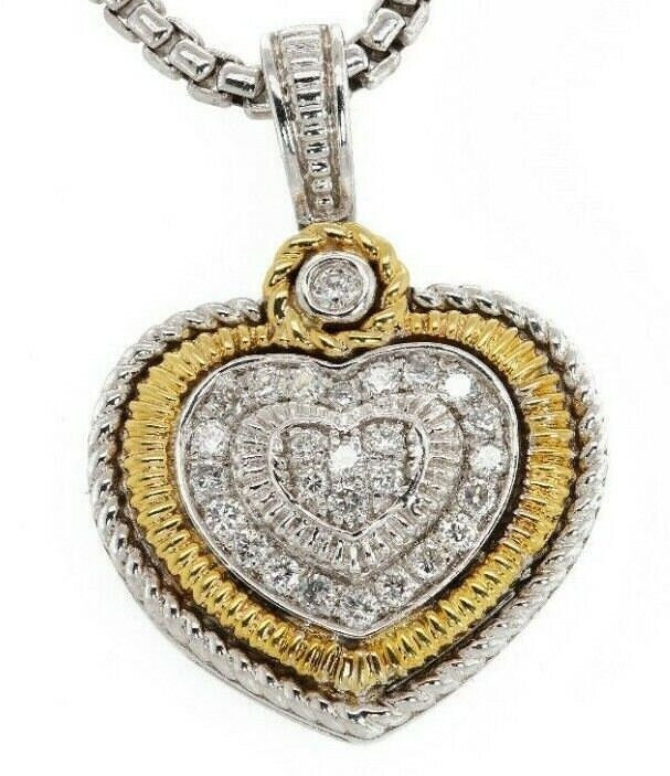 Thumbnail: 14K Yellow Gold Natural Diamond Pendant-925Sterling Silver Box Chain Heart Charm