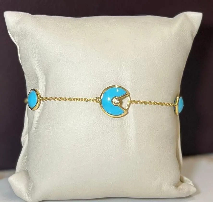 14K Yellow Gold Turquoise and Natural Diamond Center Chain Bracelet