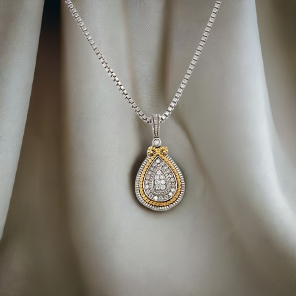 14K Yellow Gold Tear Drop Natural Diamond Pendant-925 Silver Box Chain Necklace