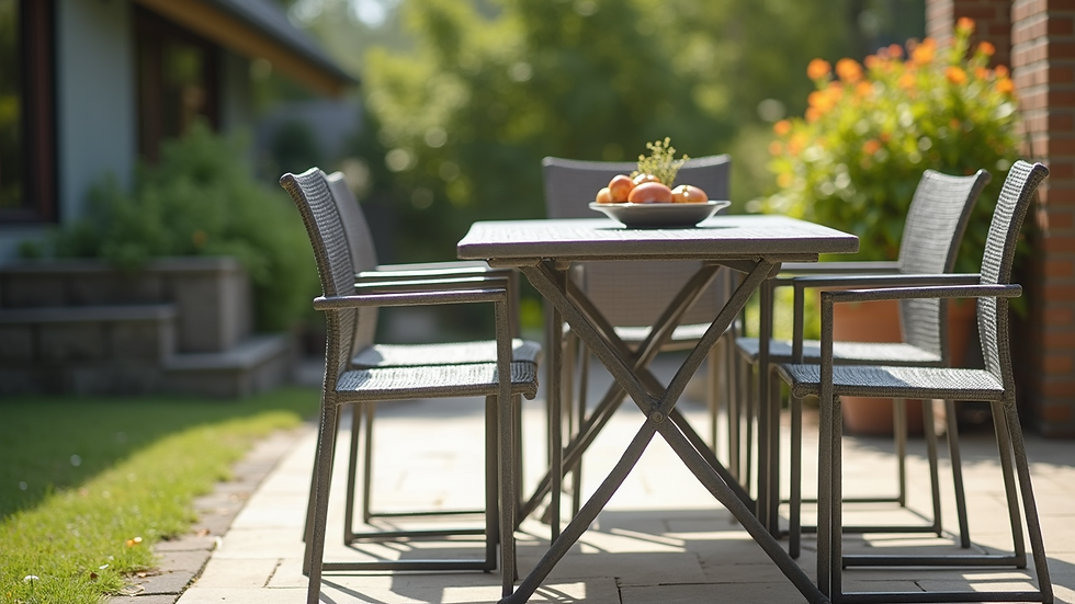 Eye-level view of aluminum outdoor dining set on patio