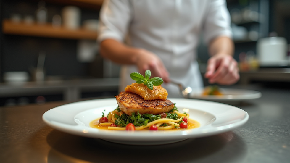 Close-up view of a chef plating a gourmet dish in a stylish kitchen