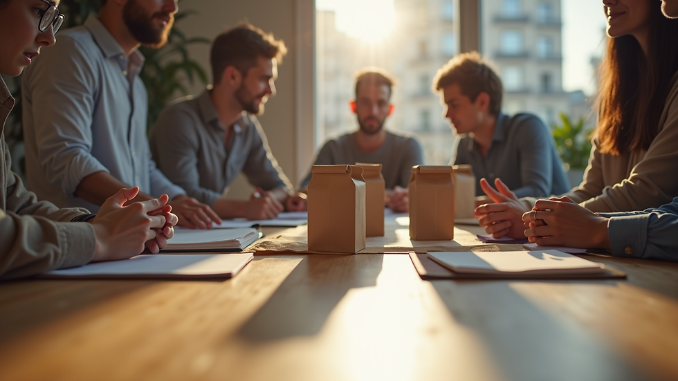 Close-up view of a digital marketing team brainstorming with food packaging on the table