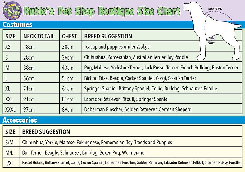 View our comprehensive size chart image at Murphy's Pet Supplies in Adelaide. 
