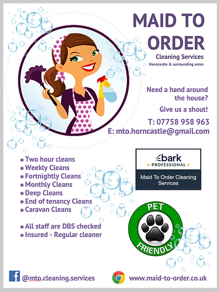 A leaflet for maid to order cleaning services featuring a list of the services provided