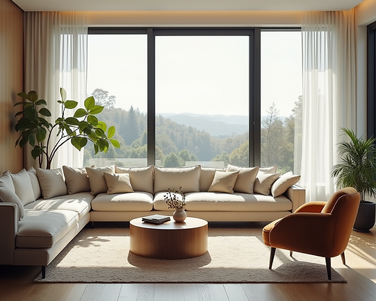 Bright modern living room with a large sofa, armchair, and floor-to-ceiling windows overlooking a forest view.