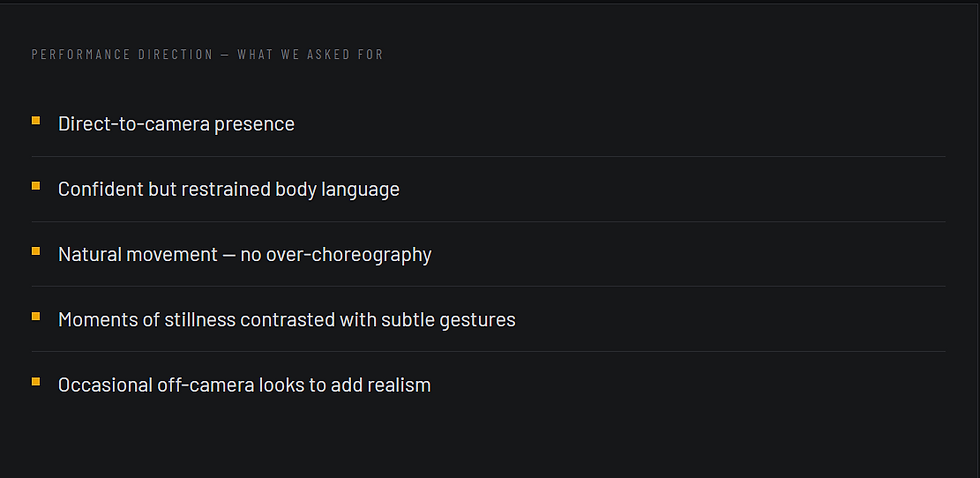Five performance direction notes for twoshadegrey on the X-MEN music video set: direct-to-camera presence, confident but restrained body language, natural movement with no over-choreography, moments of stillness contrasted with subtle gestures, and occasional off-camera looks for realism.