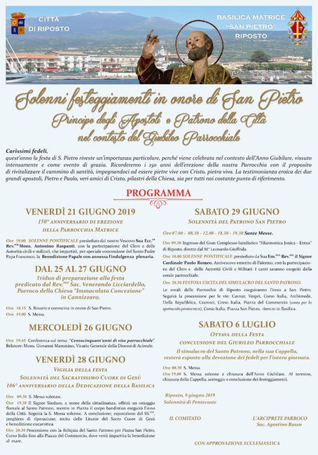 SOLENNI FESTEGGIAMENTI IN ONORE DI SAN PIETRO, PATRONO DELLA CITTA' DI RIPOSTO