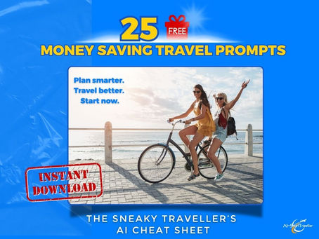 Unlock 25 FREE AI Travel Prompts to Save £100s (Cheat Sheet) with a sea front scenary adn 2 woman on a bike happy