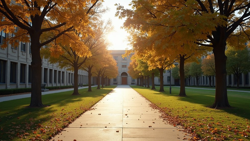 Wide angle view of a serene campus pathway
