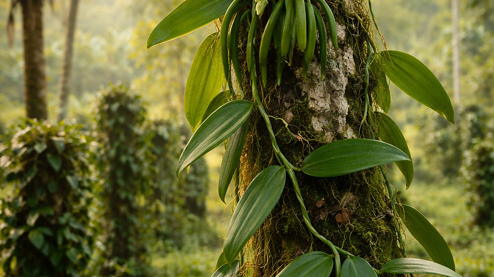 Vanilla orchid vine growing on a support tree in a tropical Mexican farm with lush greenery and soft morning light.