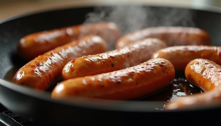 Eye-level view of a skillet with sizzling sausage links and vanilla glaze