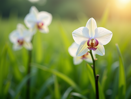 Close-up view of vanilla orchids in a lush green field