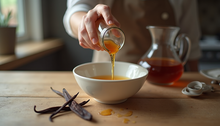 Eye-level view of a measuring spoon filled with vanilla extract over a mixing bowl