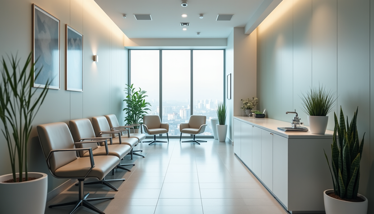 High angle view of a dental clinic waiting room with chairs and a reception desk