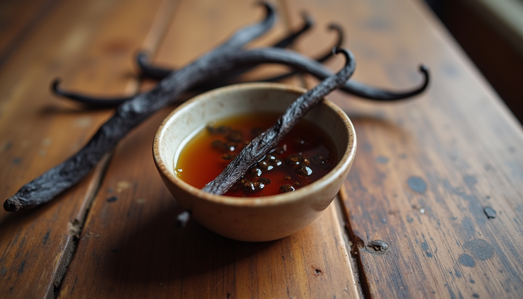High angle view of a vanilla bean pod and a small bowl of vanilla extract on a kitchen table