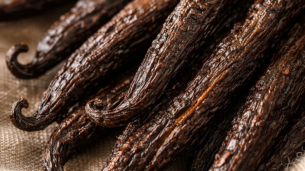 Macro photo of plump cured Mexican vanilla beans on linen cloth with visible vanilla crystals in warm, soft light.