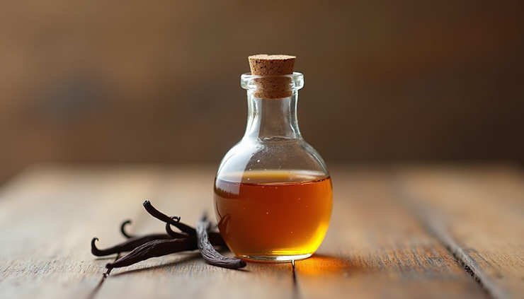 Close-up view of a small glass bottle filled with vanilla extract on a wooden surface