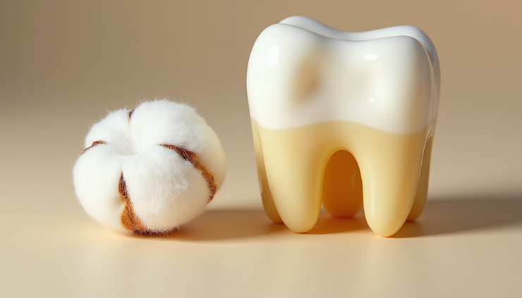 Eye-level view of a cotton ball soaked in vanilla extract next to a tooth model
