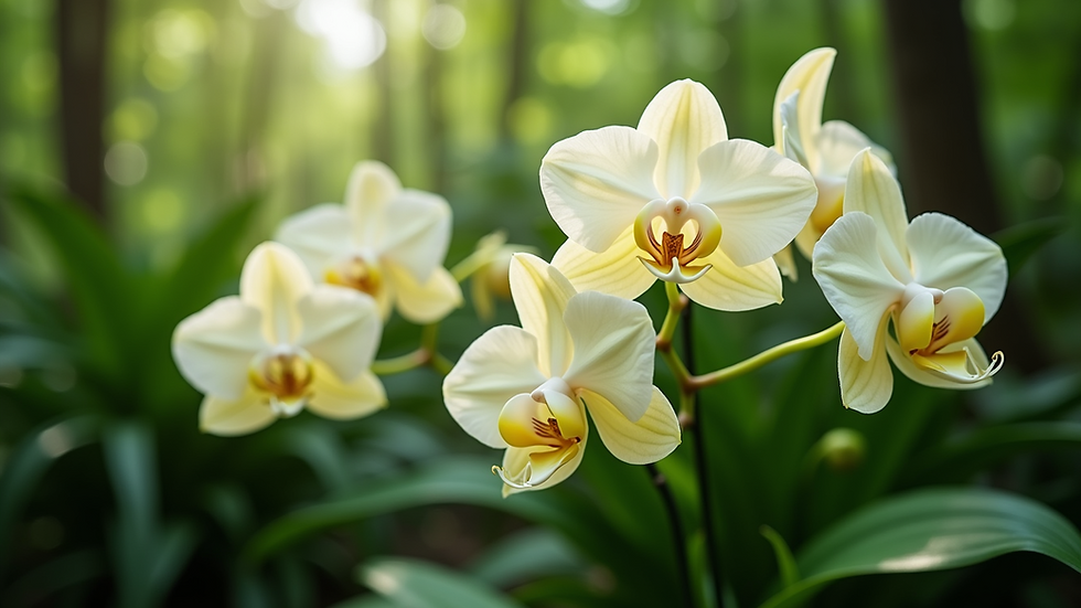 Close-up view of vanilla orchids in a lush green environment