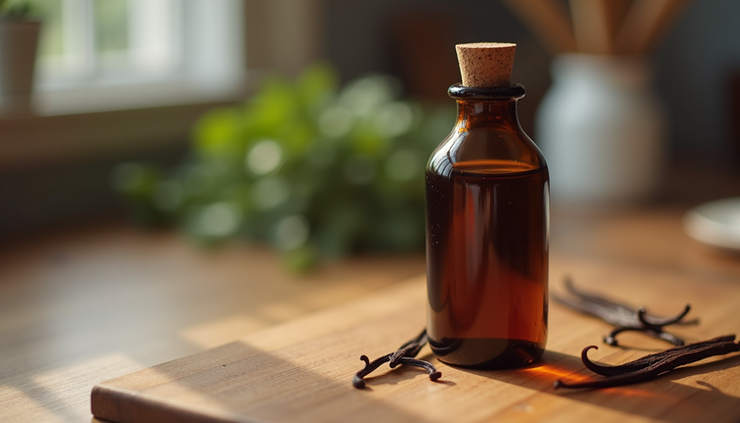 Close-up view of a small glass bottle filled with vanilla extract on a wooden kitchen counter