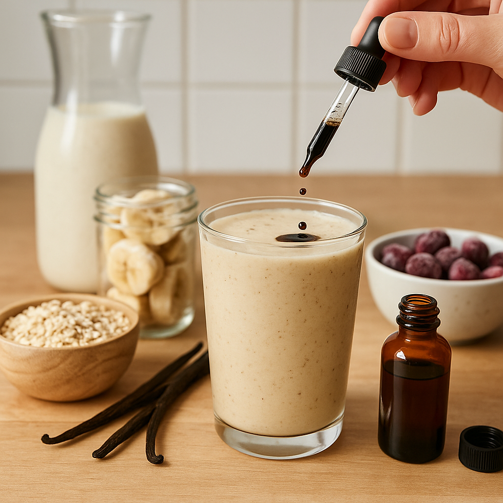 A banana smoothie on a kitchen counter with dark vanilla extract being added from an amber bottle, surrounded by oats, fruit, and almond milk in soft morning light.